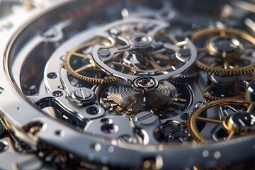 Intricate watch mechanism showcasing gears, springs, and cogs in sharp detail.