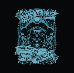 Vintage, Distressed, Masculine, Outlaws Pirate Motivational Skull T-shirt Design Clothing And Apparel Vector Illustration Art On Black Background