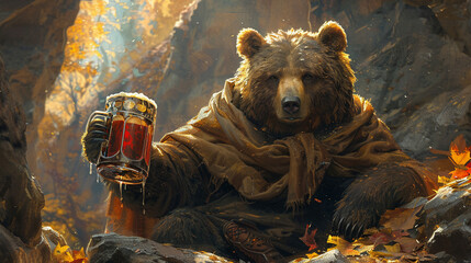 A bear with a stein of beer in a mountain cave. - obrazy, fototapety, plakaty