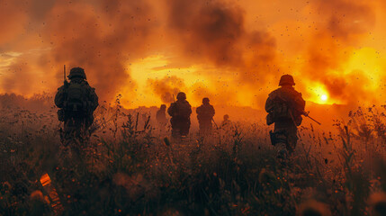 Fototapeta premium Silhouette of a group of soldiers on a background of red and blue smoke
