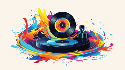 A record player playing a vinyl record with colorfu - obrazy, fototapety, plakaty