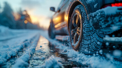 Car on winter road covered with snow at sunset. Close-up