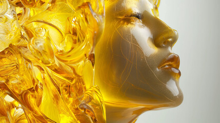 Wizualizacja przedstawiająca rzeźbę twarzy kobiety wykonaną z żółtego szkła