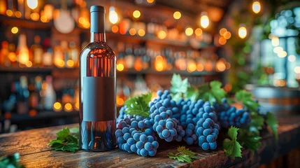 Fotobehang Wine bottle, glass and grapes on wooden table in vineyard, wine tasting concept © Aliaksandra