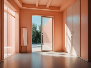 Peach fizz-colored interior, empty room with door, lots of sunlight. Minimalistic contemporary concept design.