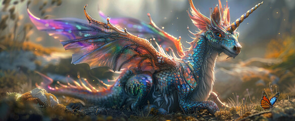 A majestic creature with iridescent scales butterfly wings