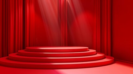 Red podium on light stage platform with product display spotlight abstract scene for background