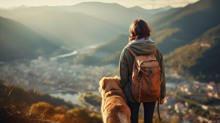 Mountain Trek: Young Girl Hiking with Dog