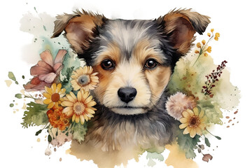little puppy picture watercolor cute wreath flowers floral dog bouquet A