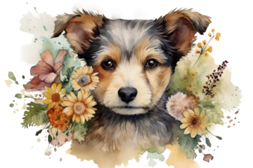 little puppy picture watercolor cute wreath flowers floral dog bouquet A