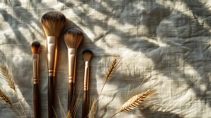 make up brushes, Makeup brushes set on textured fabric with natural light and shadows, beauty and cosmetics concept. Design for beauty branding, makeup artist, and cosmetic tools presentation. 