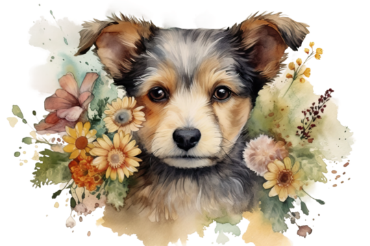 little puppy picture watercolor cute wreath flowers floral dog bouquet A - Powered by Adobe