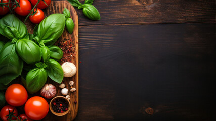 Fresh basil leaves, tomatoes and garlic on wooden background. Top view with copy space