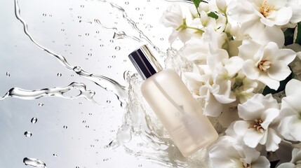 Obraz na płótnie Canvas Glass perfume bottle and white flowers with water splash on white background