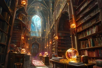 Papier Peint photo Vieil immeuble An ancient library filled with magical books, glowing orbs, and mystical artifacts. Shelves reach up to a high, vaulted ceiling, with soft light filtering through stained glass windows. Resplendent.