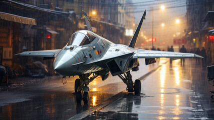 Russian military aircraft MiG-29 in Moscow at night. - obrazy, fototapety, plakaty