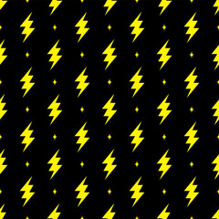 Yellow lightning bolt vector seamless pattern on black background.