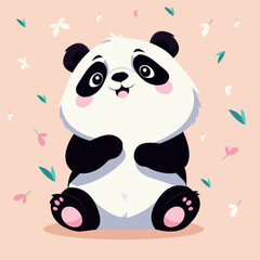 Vector flat illustration of a cute cartoon panda watching falling spring petals in kawaii style.