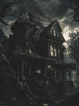 Haunted Victorian Mansion in a Spooky Fantasy Art Style Night Scene