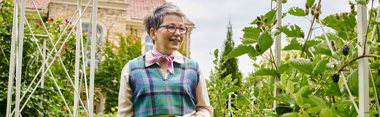 chic merry mature woman with short hair in elegant vivid attire taking care of her plants, banner
