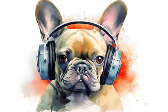 music wearing headphones listening bulldog A painting watercolor French