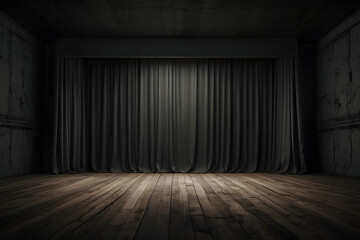 Old dark empty room with an empty wall mock-up and twisted curtains design.