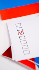 A form with a checkbox for selection and a red checkmark, a concept of choice, Checkbox with red...