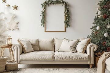 .Domestic and cozy christmas living room interior with mock up poster frames, beige sofa, design...