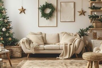 .Domestic and cozy christmas living room interior with mock up poster frames, beige sofa, design...