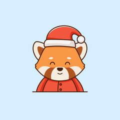 Christmas vector flat illustration in cartoon style with cute red panda dressed in Santa Claus suit