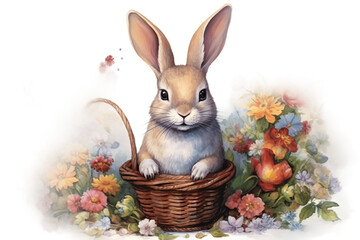 watercolor a basket bunny flowers painting