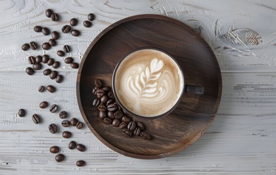 A top-down view of a cup of latte with artistic foam, surrounded by coffee beans on a wooden tray and white textured surface