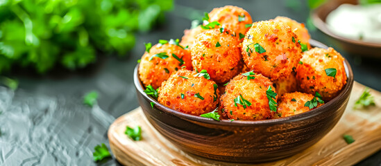 Croquetas de jamon are creamy and savory ham croquettes made with a mixture of bechamel sauce, chopped ham, and sometimes cheese or other ingredients. They're breaded and fried until golden brown - obrazy, fototapety, plakaty