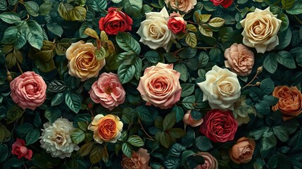 top view of multicolored roses and green leaves on dark background. Bouquet of roses in various colors, arranged with foliage, creating a lush and romantic atmosphere. Flowers background. 