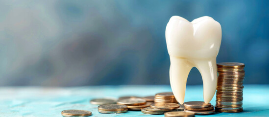 A tooth with a stack of coins highlighted on a blue background. Dental health. Copying space, panoramic image - obrazy, fototapety, plakaty