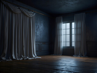 Old dark empty room with an empty wall mock-up and twisted curtains design.