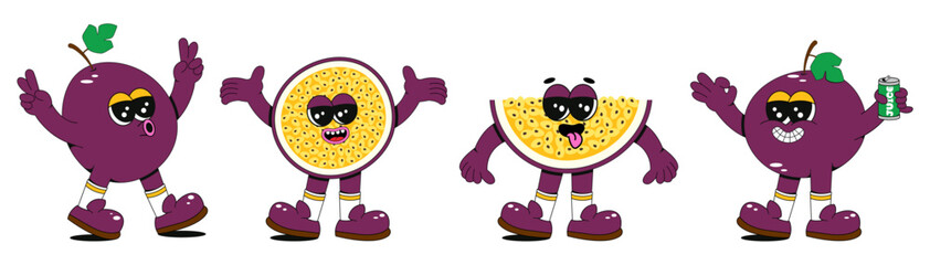 Funny fruit character passion fruit. Comic elements in a trendy retro groovy style. Vector illustration for stickers, posters, prints.