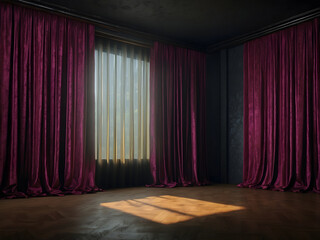 Old dark empty room with an empty wall mock-up and twisted curtains design.