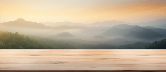 The wooden table stands in the foreground, with majestic mountains looming in the background. The sky is painted with hues of dusk, creating a stunning natural landscape