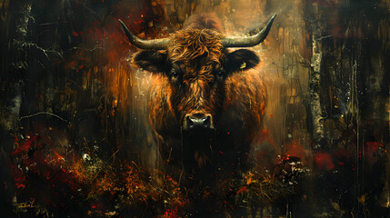 A brooding image of a buffalo set against a dark, abstract background, showcasing the animal's grandeur and strength
