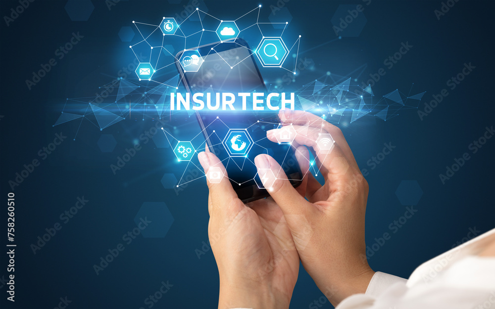 Poster hand using smartphone with technology concept