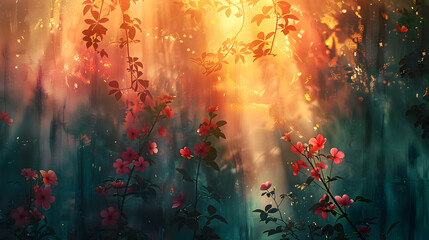 Obraz na płótnie Canvas Sunlight filters through a dense floral forest, creating an ethereal and magical atmosphere
