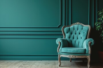 Beautiful luxury classic blue green clean interior room in classic style with green soft armchair. Vintage antique blue-green chair standing beside emerald wall. Minimalist home design. See Less
