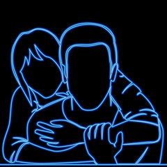 Continuous line drawing Loving couple hugging icon neon glow concept