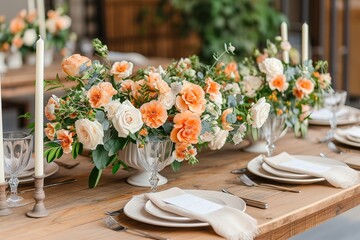 beautiful table setting with flowers and cutlery on wooden table at wedding or dinner. stylish tablewear decorations