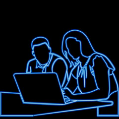 Man and woman with laptop talking and working in office. Teamwork icon neon glow concept