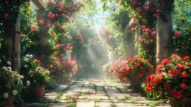 This image captures the magical moment of morning light streaming through a lush pathway lined with blooming flowers and classical architecture