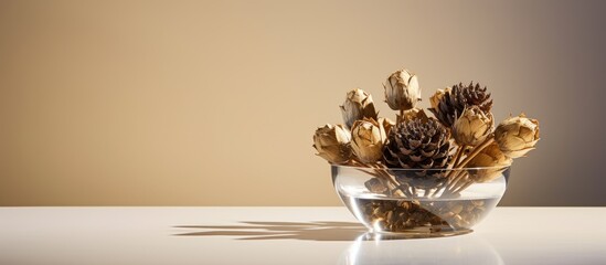 Minimalistic arrangement of dried artichoke flowers in a circular glass vase for home decor. Reflecting the room's light interior with a round pot decoration.