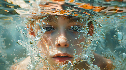 Close-up of a boy's face partially submerged in water, surrounded by bubbles and reflections