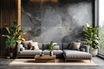 Contemporary style interior with sofas, decorations, and a wall panel made of wood and stone. mockup for an illustration. - obrazy, fototapety, plakaty